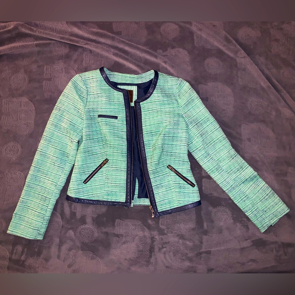 The Limited Green and Navy tweed jacket with leather and zipper accents, 2012